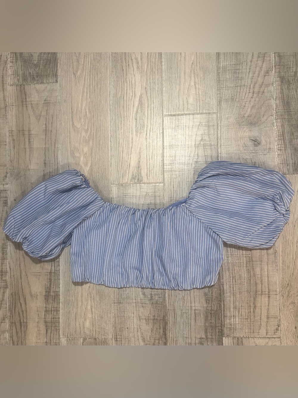 Mango Blue and White Striped Off-Shoulder Puff Sleeve Crop Top Size- 8